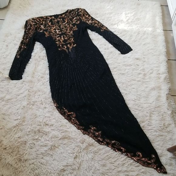 80s Vintage AJ Bari Beaded Sequin Gold & Black Asymmetrical Dress - Picture 10 of 17